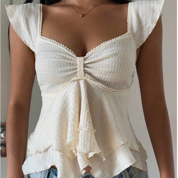 NEW Solid Color Textured Knit Double-Layer Ruffled Hem Sweetheart Neck Cap - Picture 6 of 7